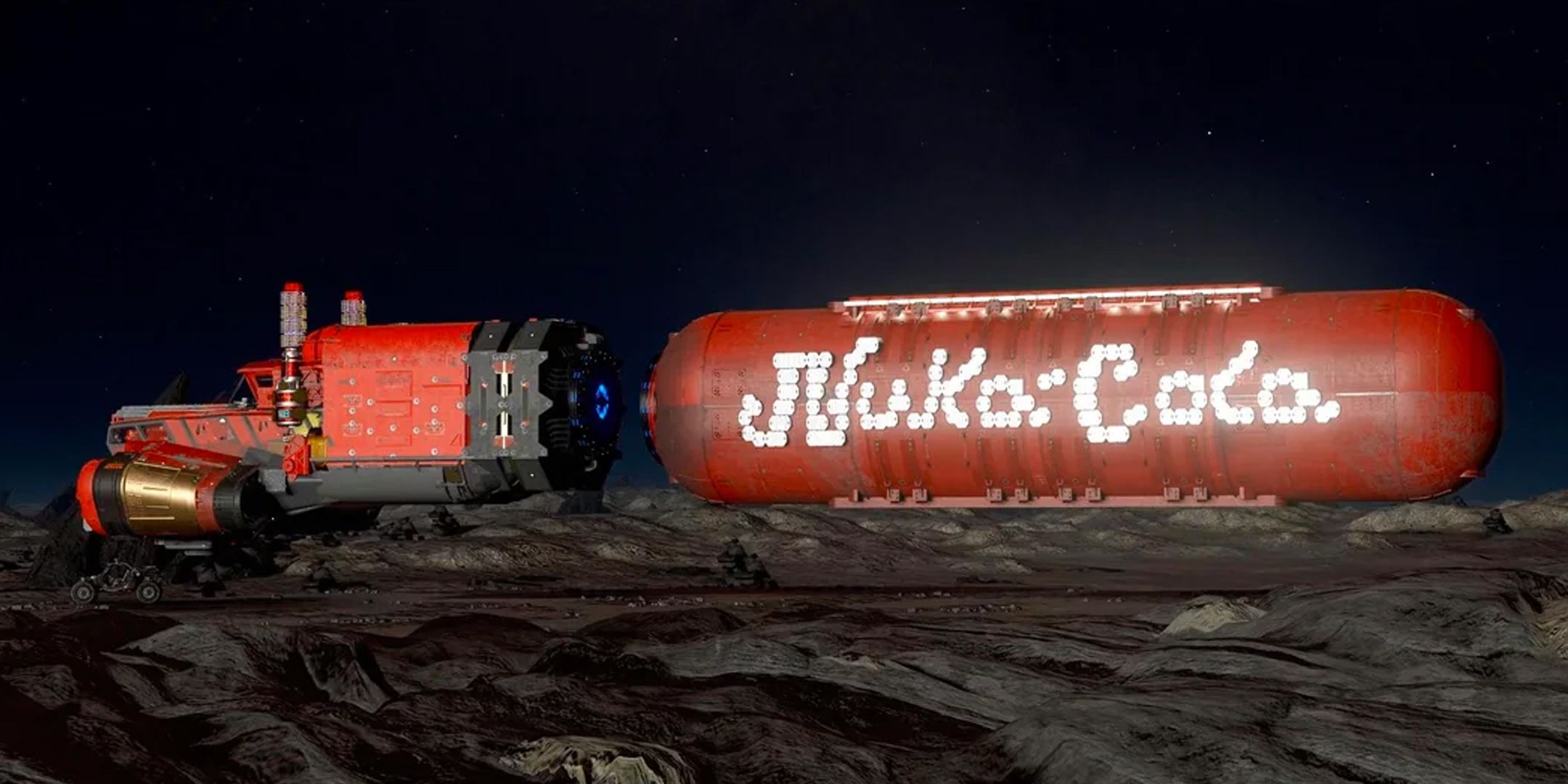 Starfield screenshot of a Fallout-themed Nuka Cola truck in the style of the Coca-Cola Christmas truck.