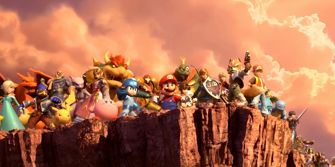 A large assortment of Nintendo characters standing together on a cliff from Super Smash Bros. Ultimate.