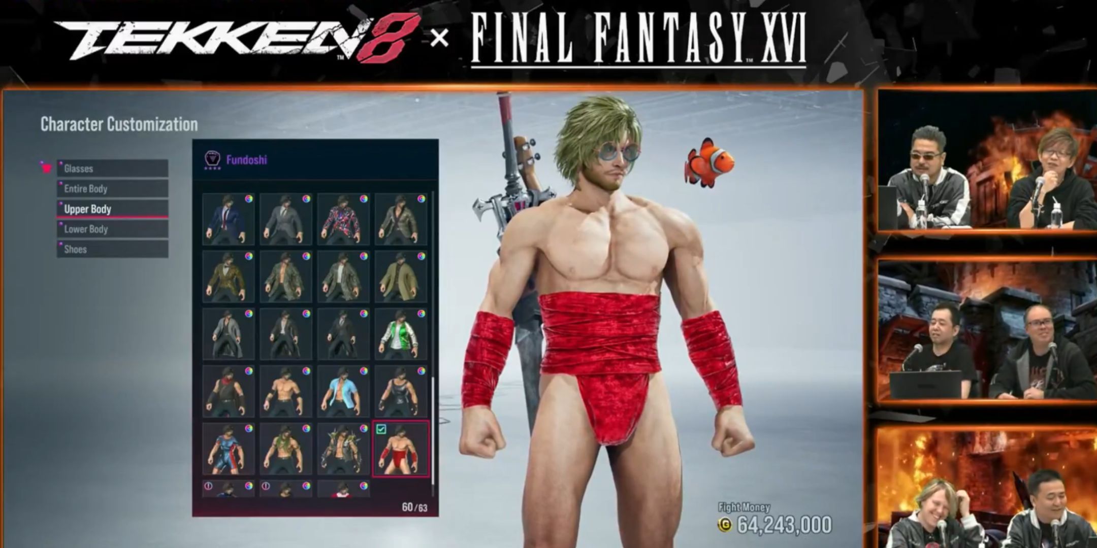 Final Fantasy and Tekken developers livestreaming Tekken 8. The screen shows the character Clive in very little clothing