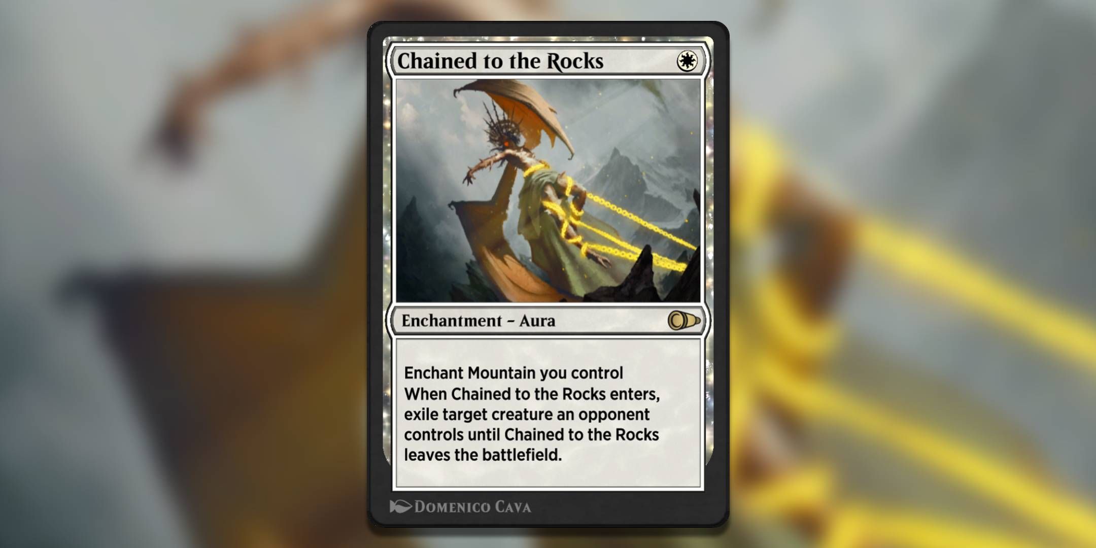 The Magic The Gathering card Chained to the Rocks by Domenico Cava.