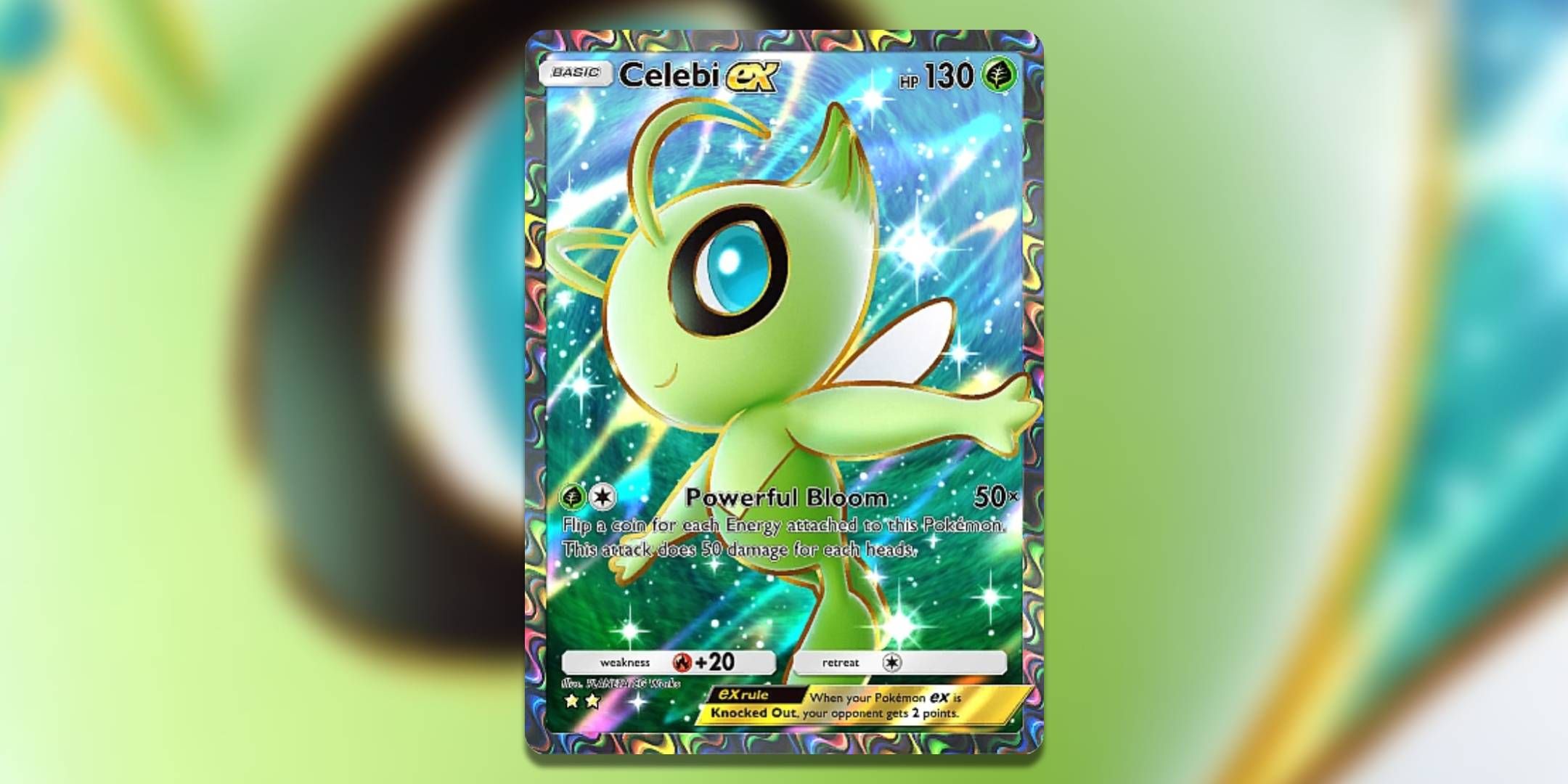 The Pokemon Pocket card Celebi ex super rare.