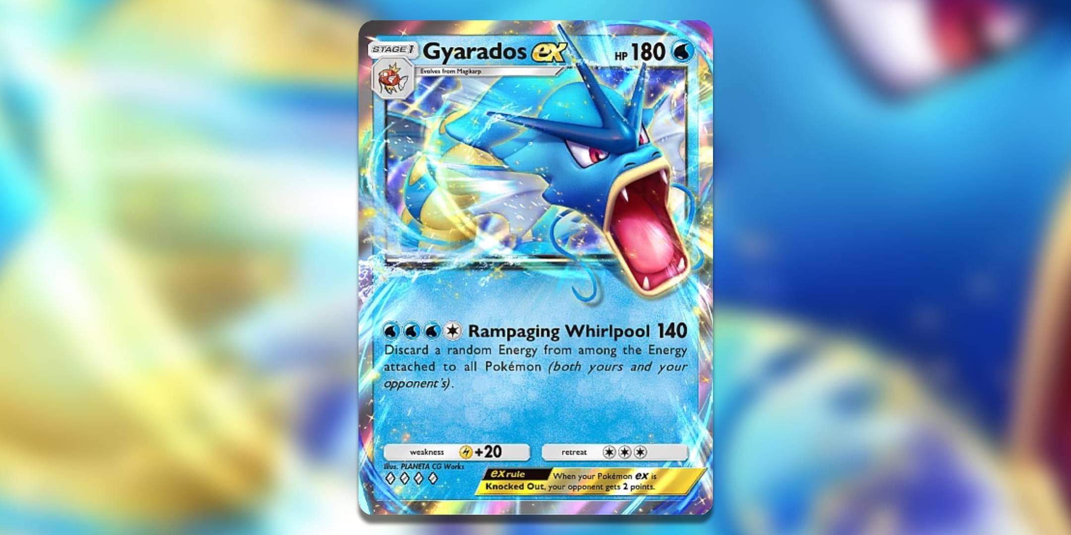 The Pokemon Pocket card Gyarados ex by Planeta CG works.