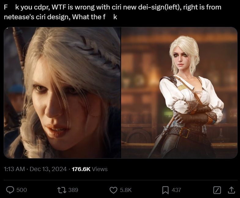 A screenshot of a tweet in which someone complains about Ciri being ugly in the new Witcher 4 trailer, in their opinion