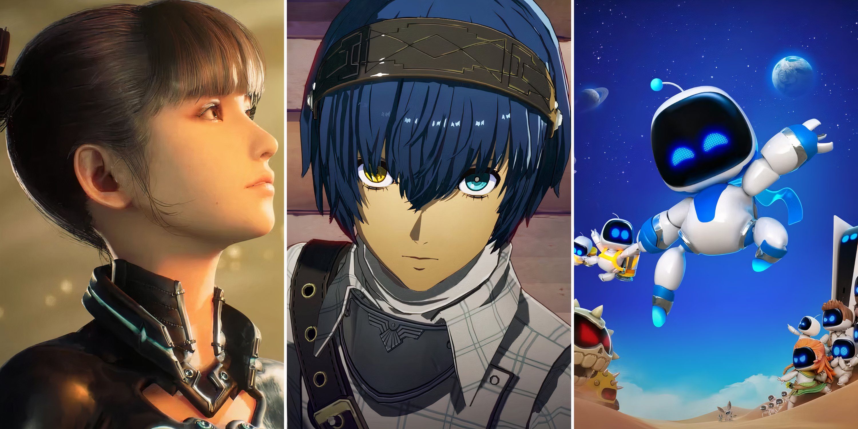 Eve from Stellar Blade looks up, The Protagonist from Metaphor looks forward, Astro Bot flies through the air.