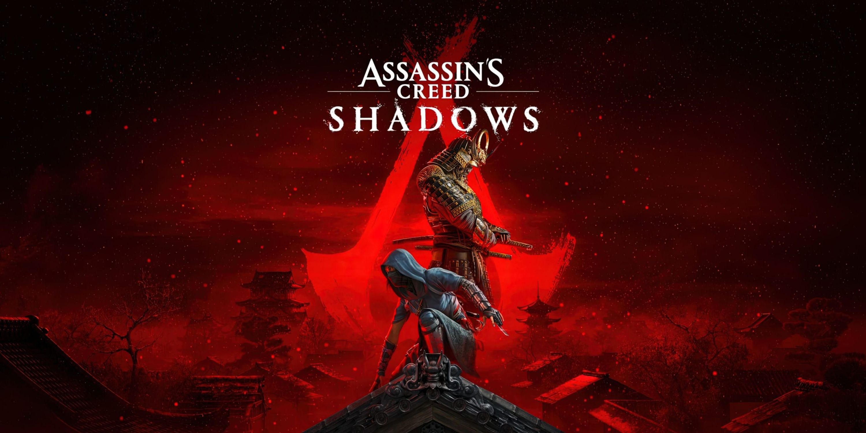 Two characters standing atop a roof with a red background from Assassin’s Creed Shadows.