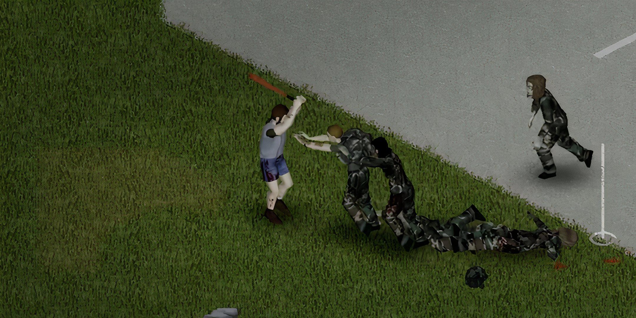 Player swinging a bat in Project Zomboid. 