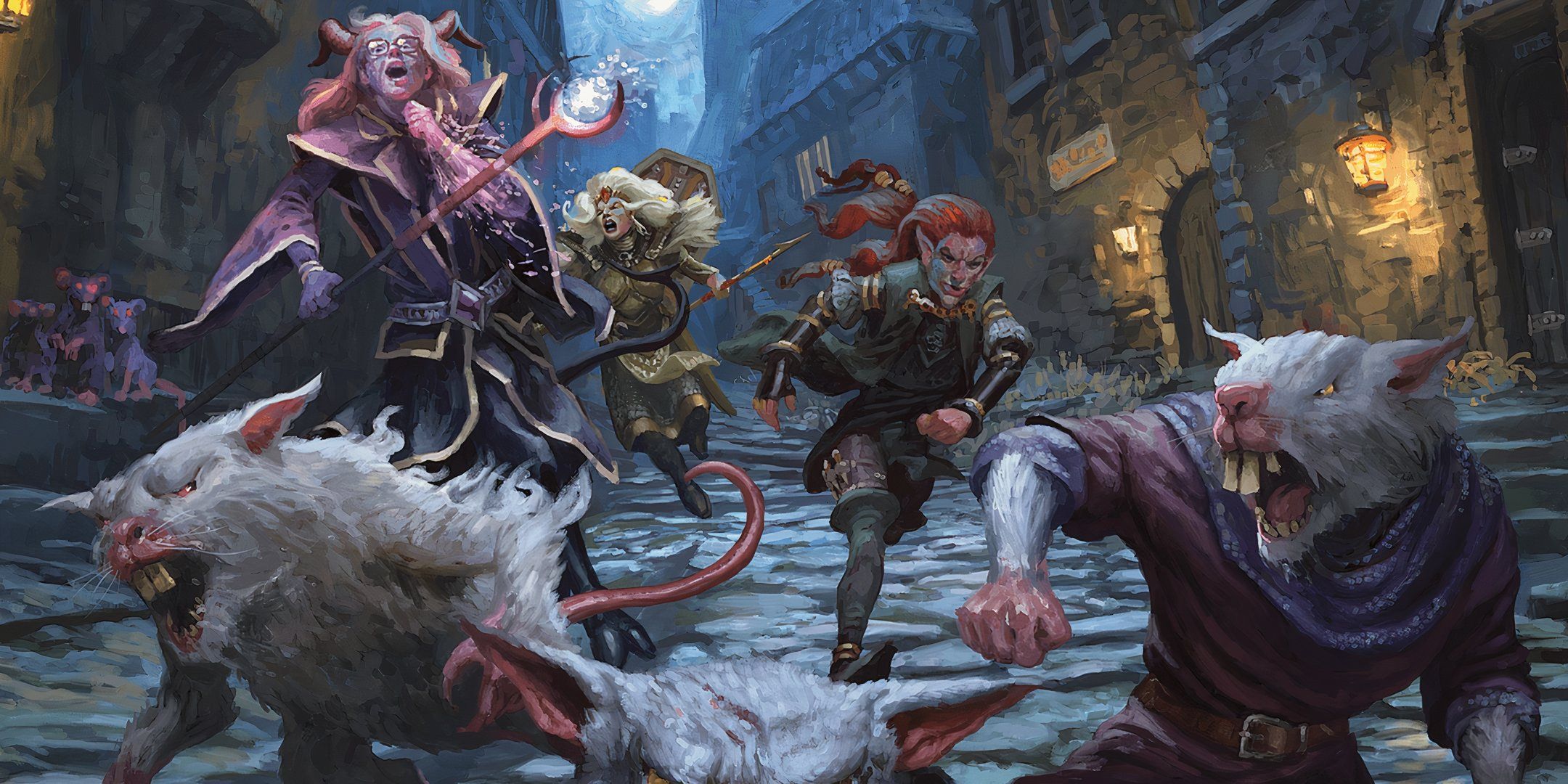 An adventuring party gives chase to a group of monstrous rats in Dungeons & Dragons. 