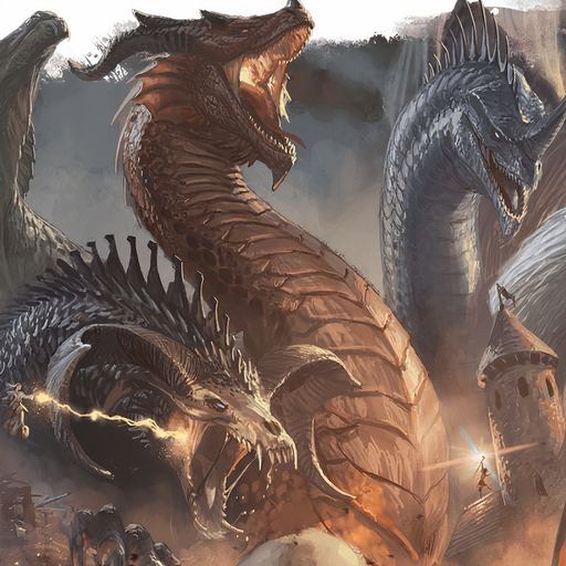 A three-headed dragon destroying a town in Dungeons &amp; Dragons.
