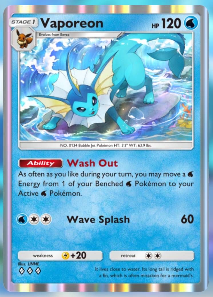 The Vaporeon card from Pokemon Pocket&rsquo;s Mythical Island .