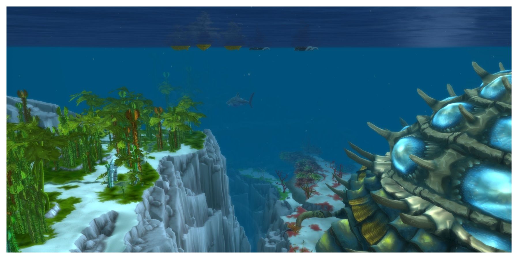 An image of Vashj'ir in World of Warcraft, showing the abyssal depths from an underwater view.