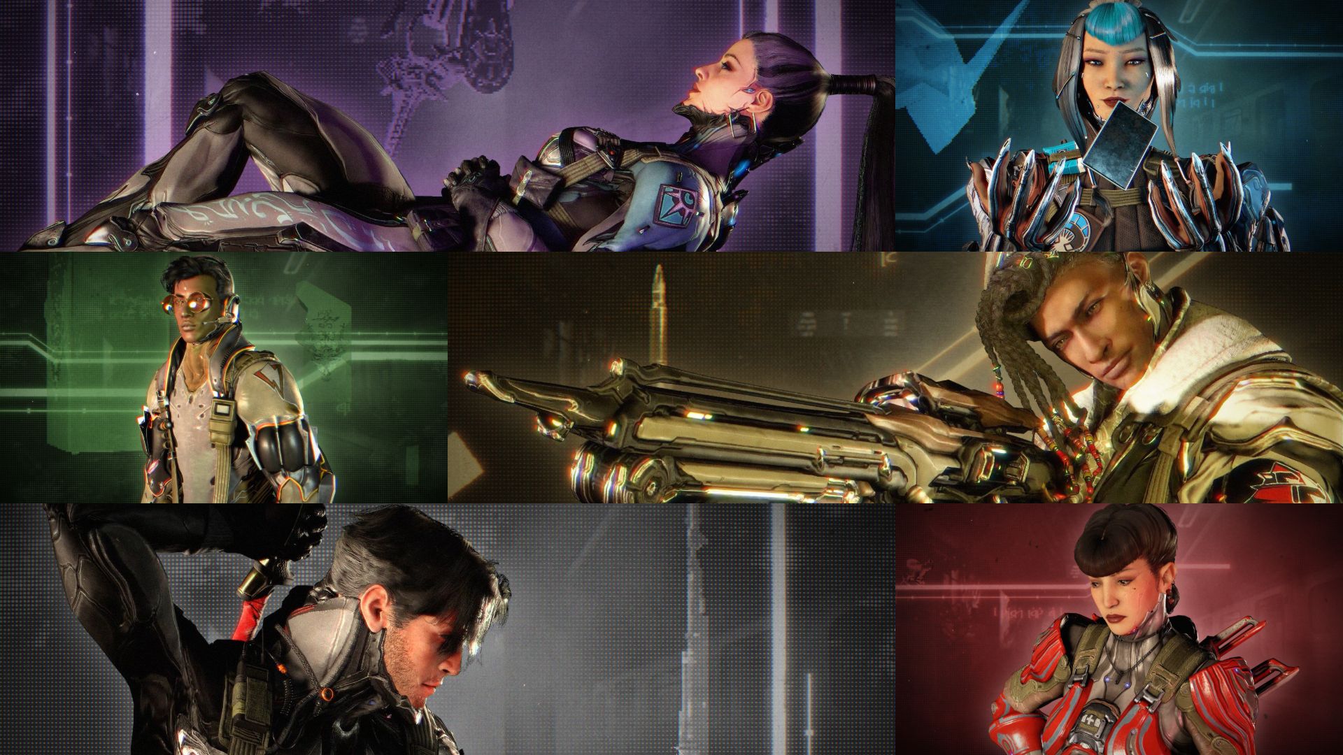 A collage of the six members of the Hex in Warframe.