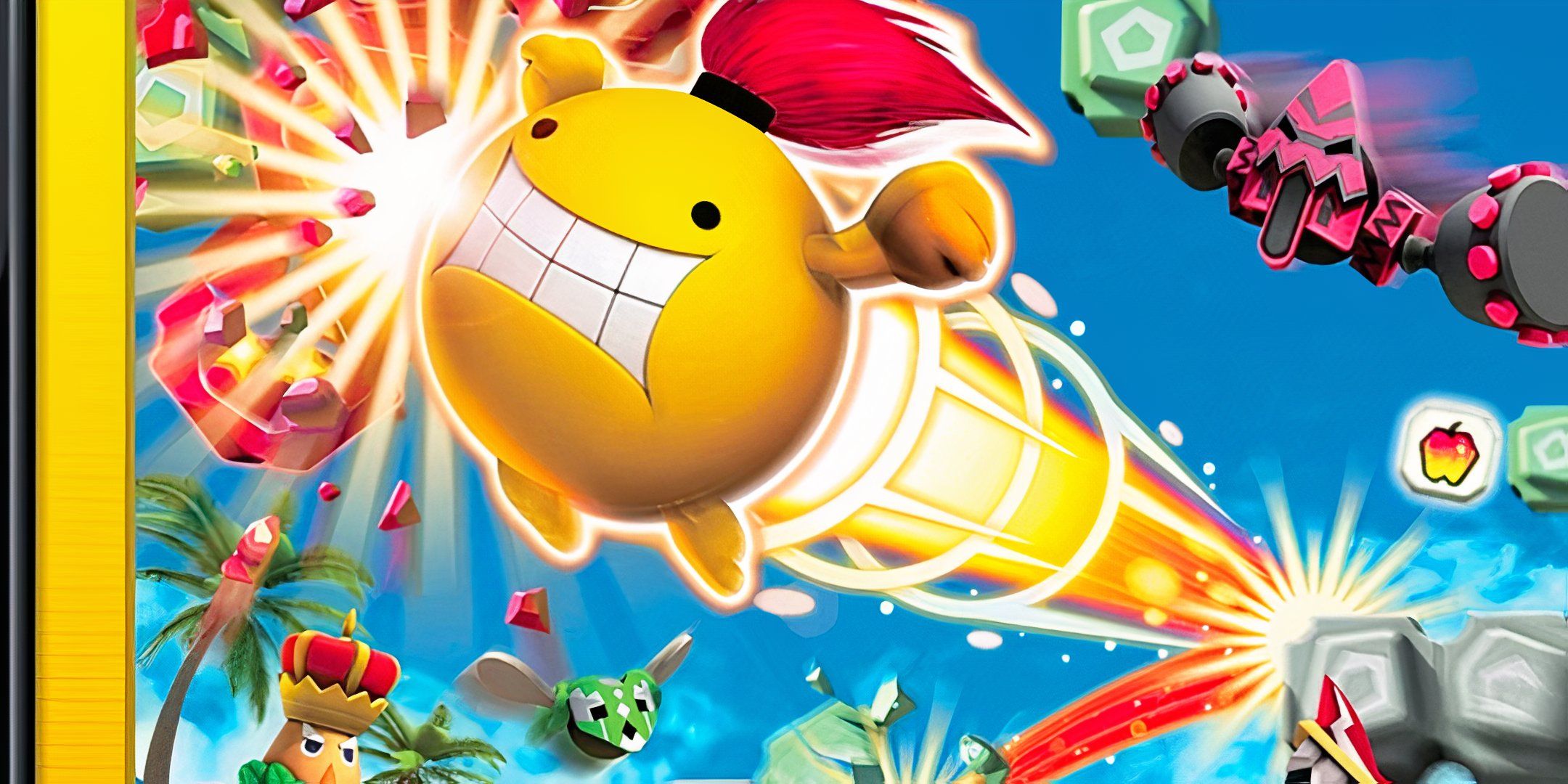 Yellow blob character being shot through various blocks and enemies in FlingSmash.