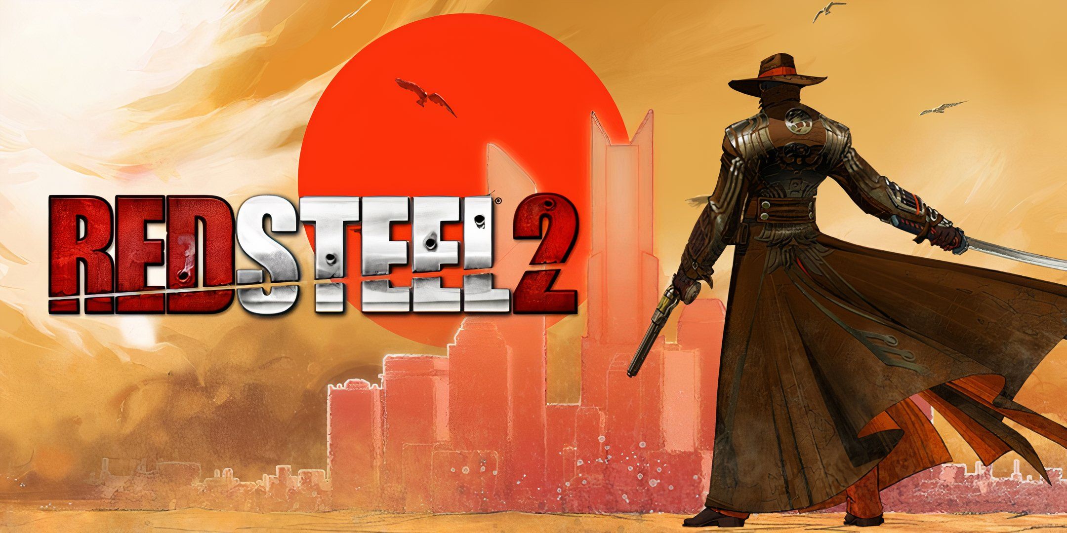 Main character of Red Steel 2 standing in front of a city and a red sun. 