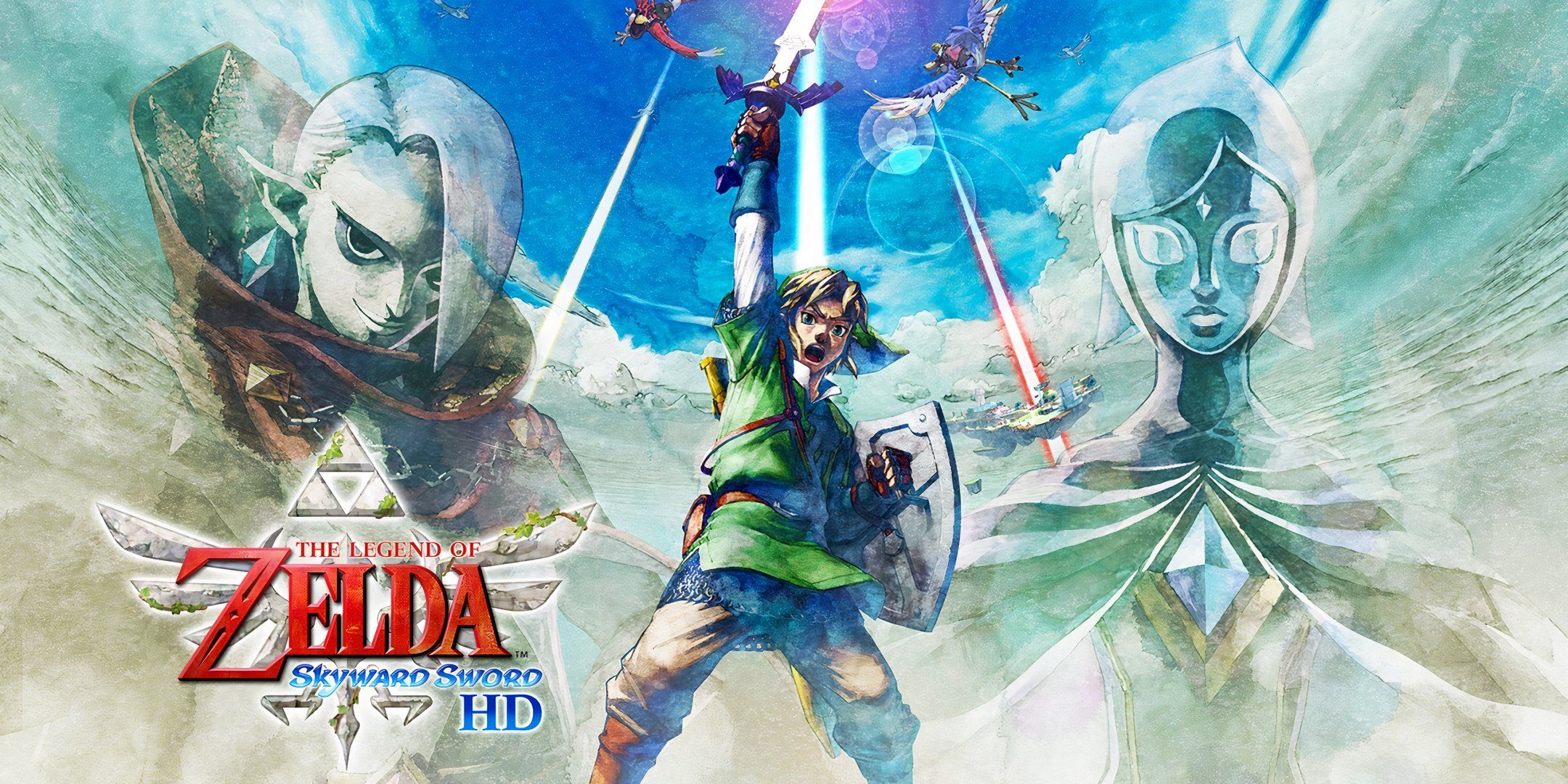 Link raising his sword to the sky with Fi and Ghirahim on either side of him. 