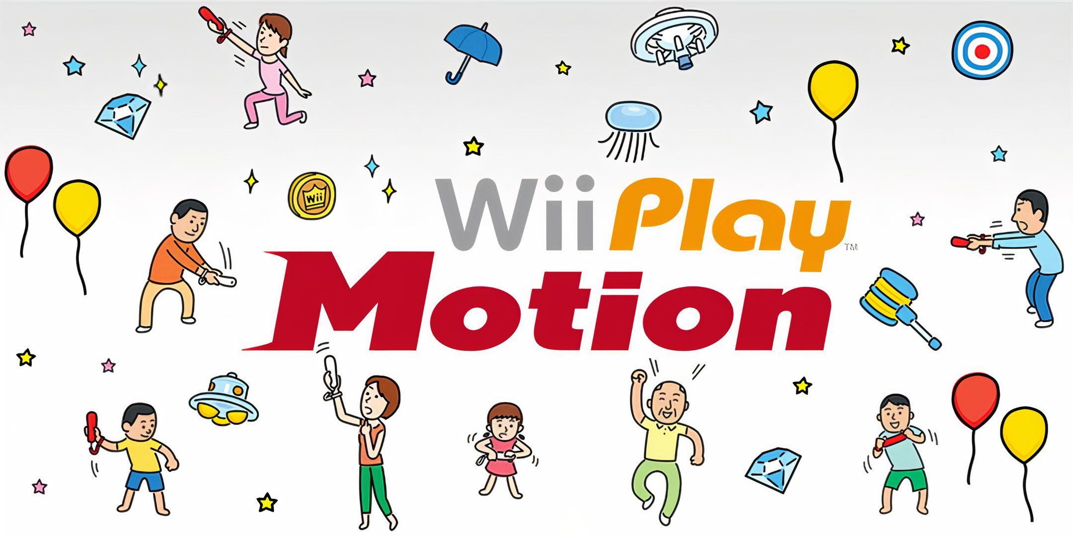 Wii Play: Motion banner surrounded by various cartoon people and objects. 