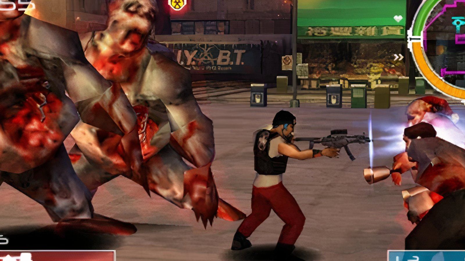 Officer Stevens fires his rifle at a horde of zombies while surrounded.