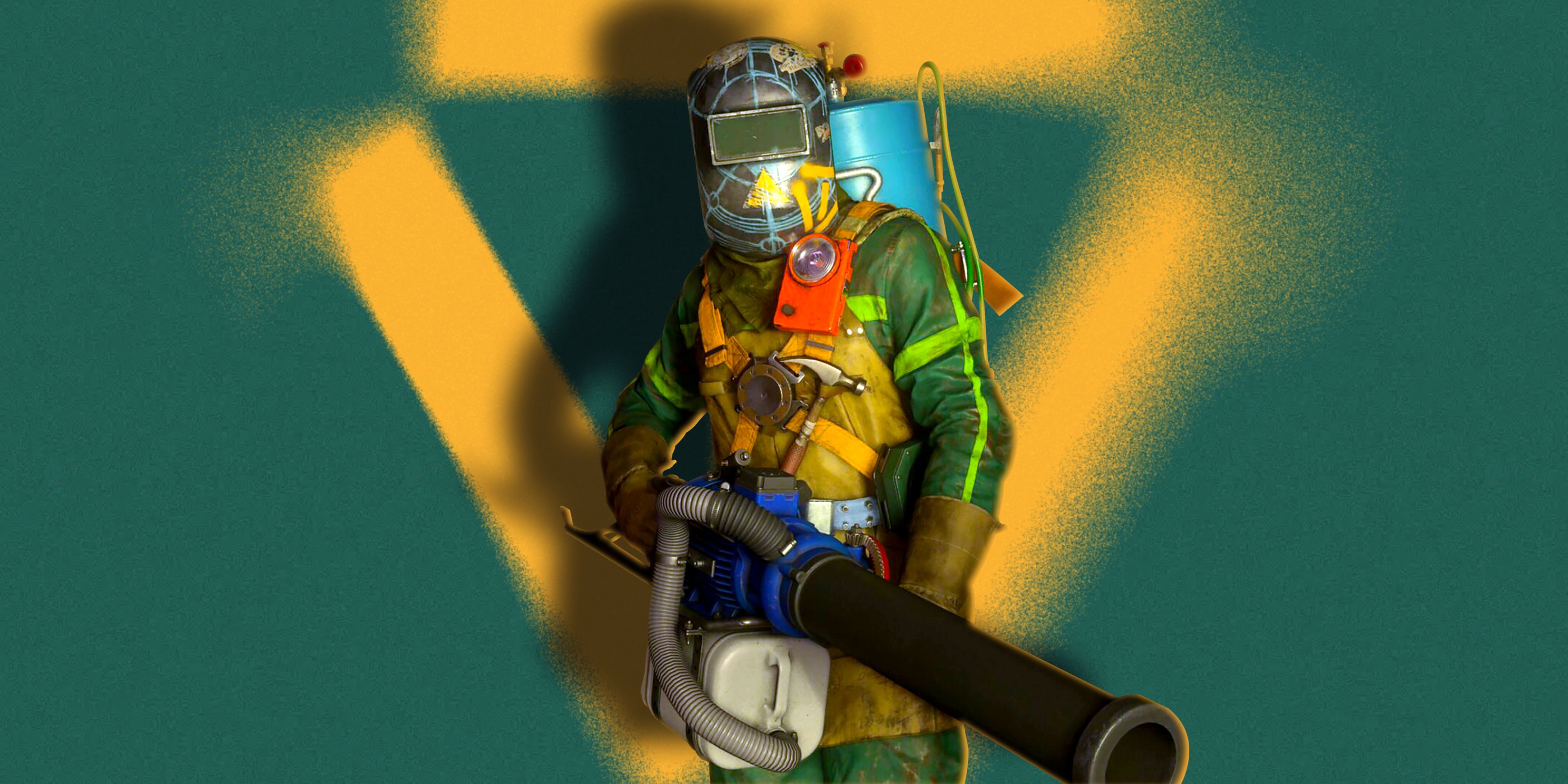 A character in FBC Firebreak holding a weapon, standing in front of a yellow spraypainted logo on a green wall.