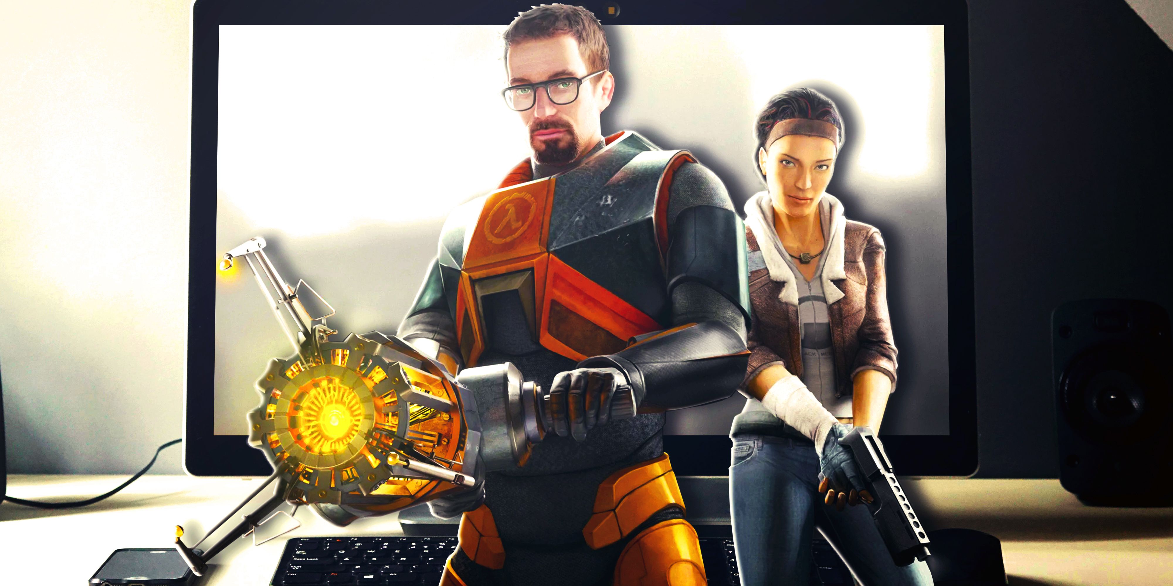 Gordon Freeman with the Gravity Gun stands next to Al Vance holding a pistol, in front of a PC desktop.