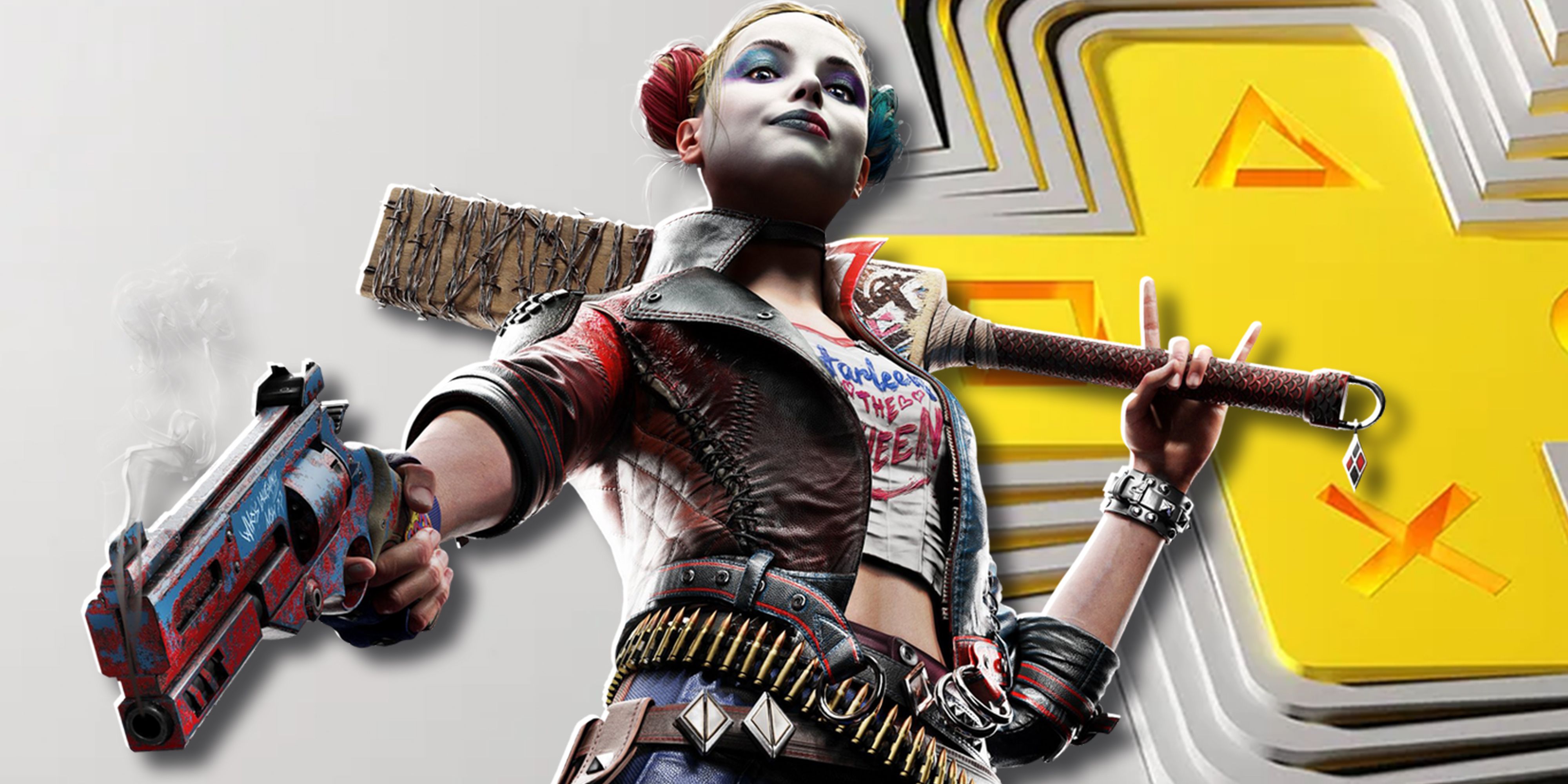 Harley Quinn from Suicide Squad: Kill the Justice League brandishing a pistol and baseball bat with the PlayStation Plus logo in the background.