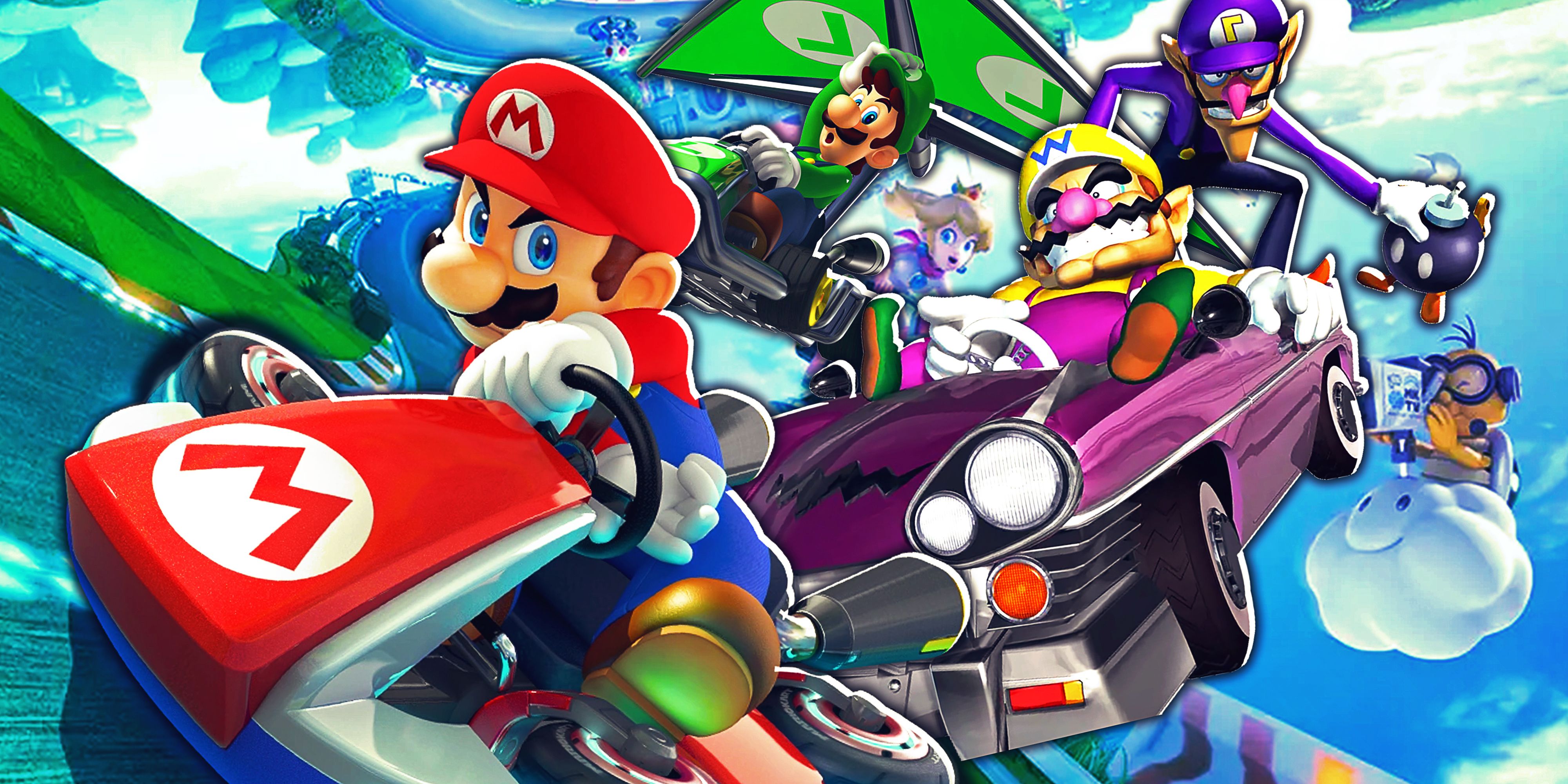 Mario, Luigi, Peach, Wario, and Waluigi in their karts in Mario Kart, with Lakitu following.