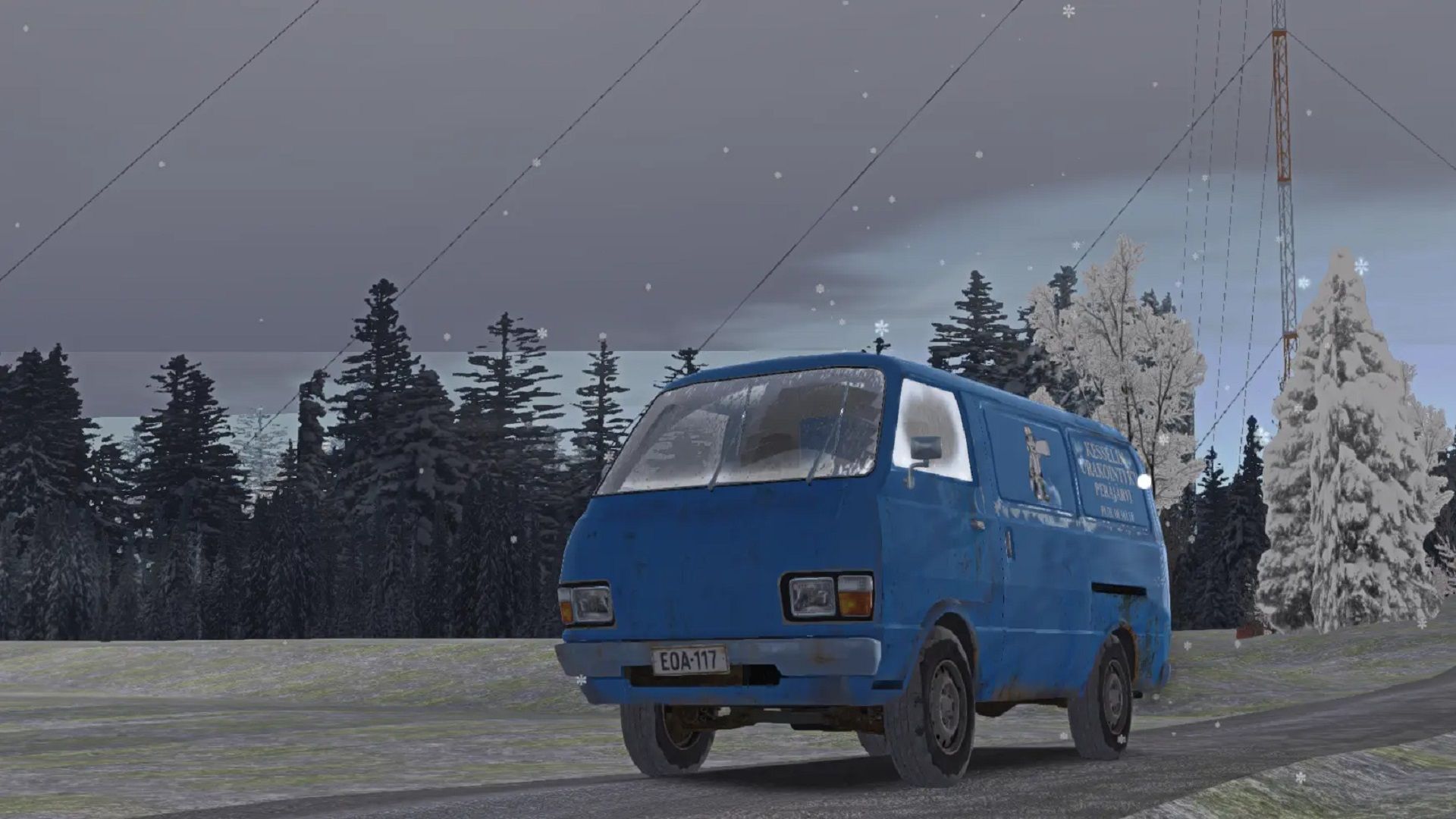 A Blue van drives during winter.