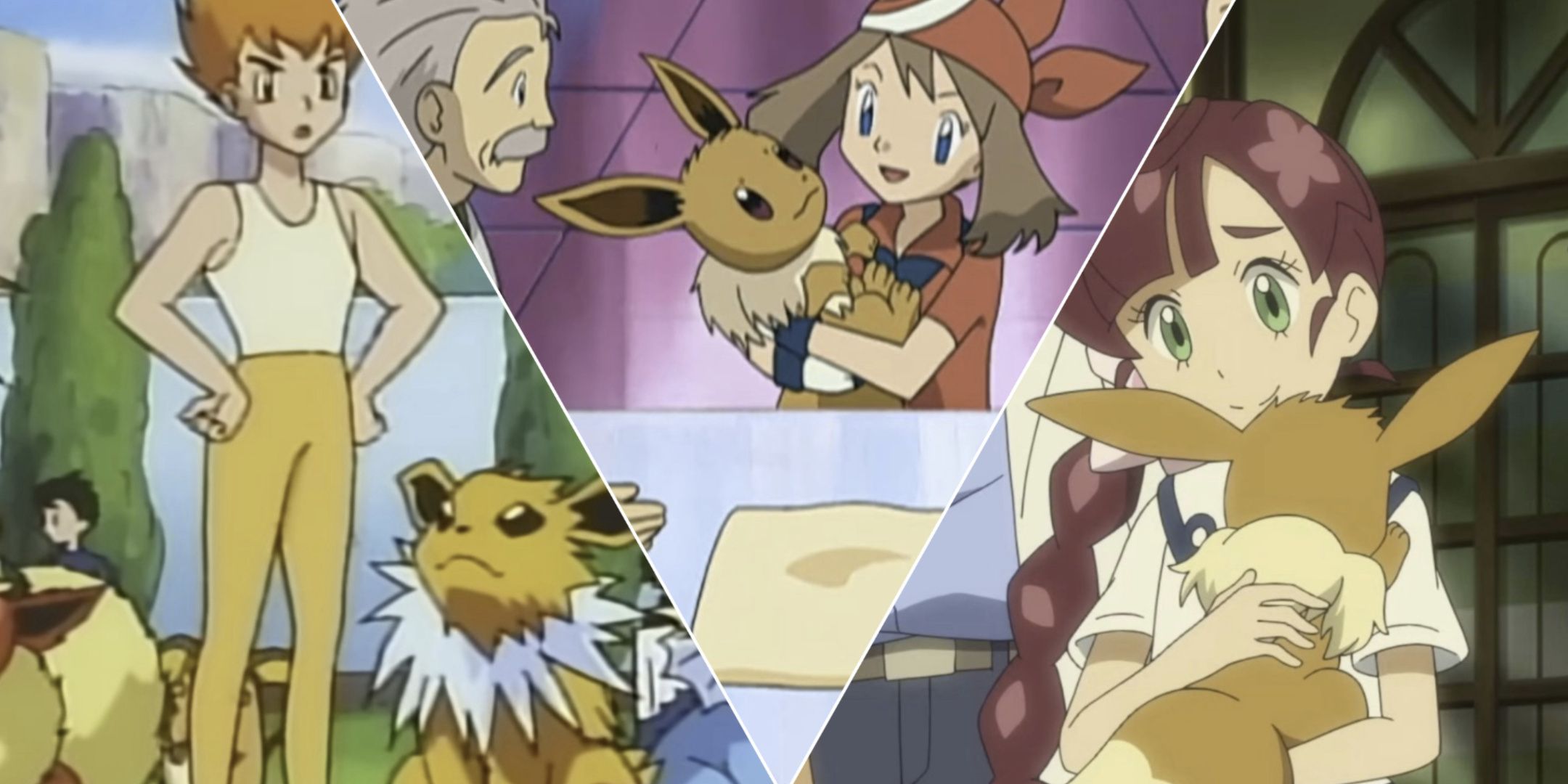 A collage of Eevee trainers from the Pokemon anime such as May, Chloe, and the Eevee Brothers.