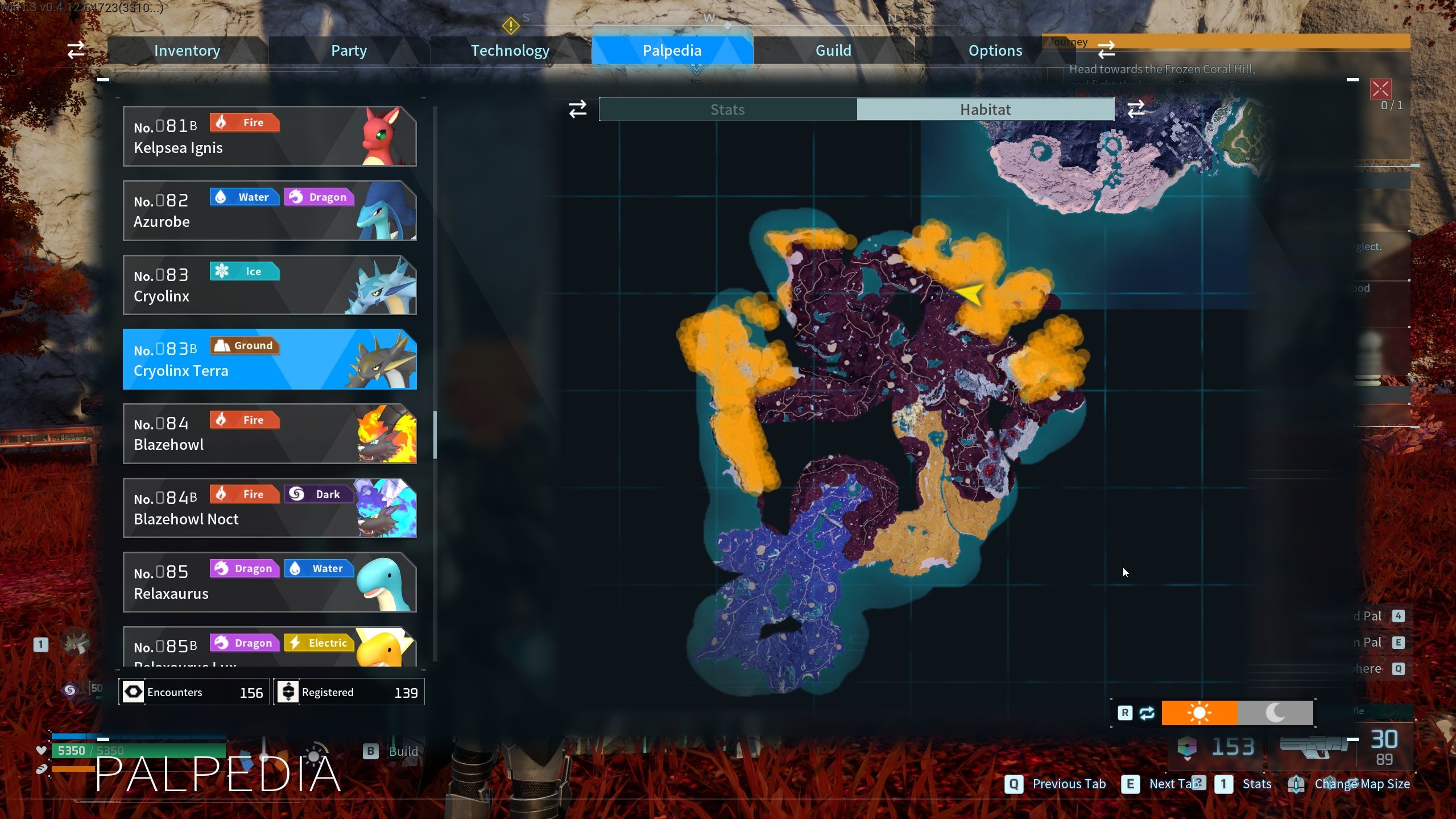 A map picture showing all the possible locations for Cryolinx Terra in Palworld.