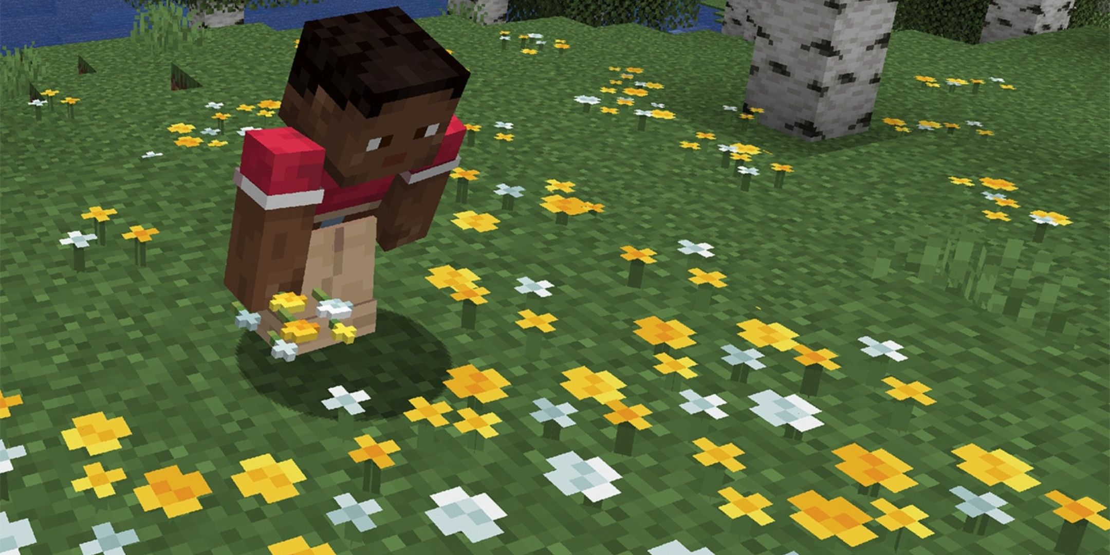 A minecraft character in a field of wildflowers