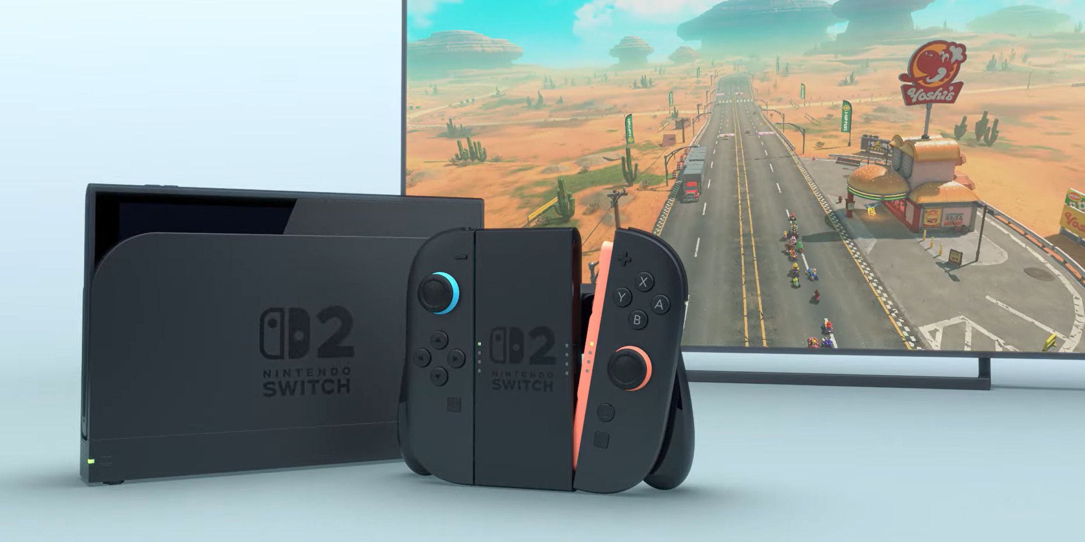 A Nintendo Switch 2 next to a TV displaying a new Mario Kart game