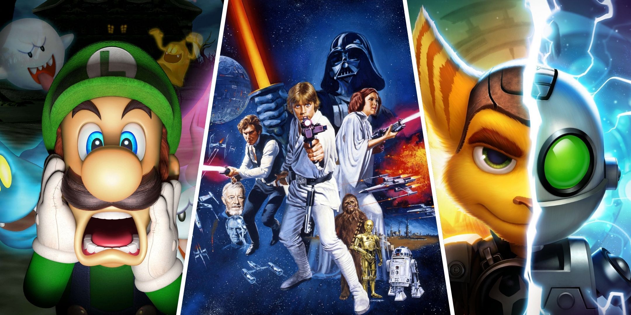 A split image of cover art from Luigi's Mansion, Star Wars: Episode 4 - A New Hope, and Ratchet and Clank Future: A Crack In Time.