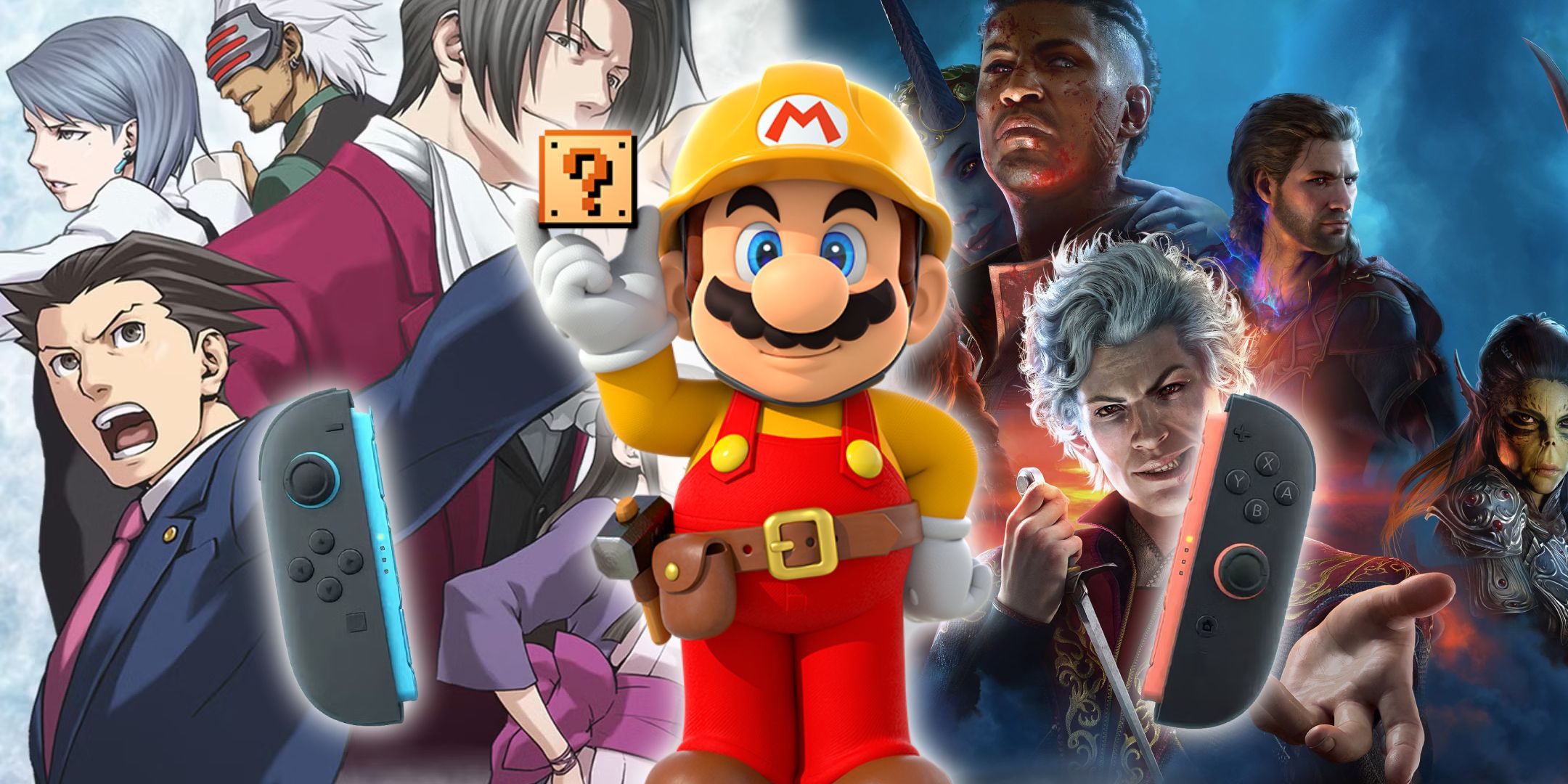 A split image of cover art from Phoenix Wright: Ace Attorney and Baldur's Gate 3 with Mario from Super Mario Maker and the Switch 2 controllers over top.