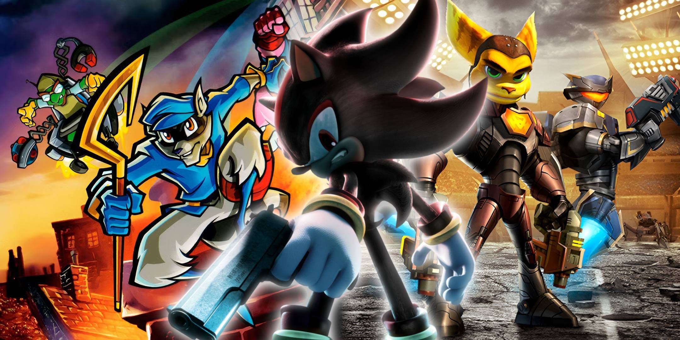 A split image of cover art from Sly 3 and Ratchet: Deadlocked with Shadow the Hedgehog holding a gun over top.