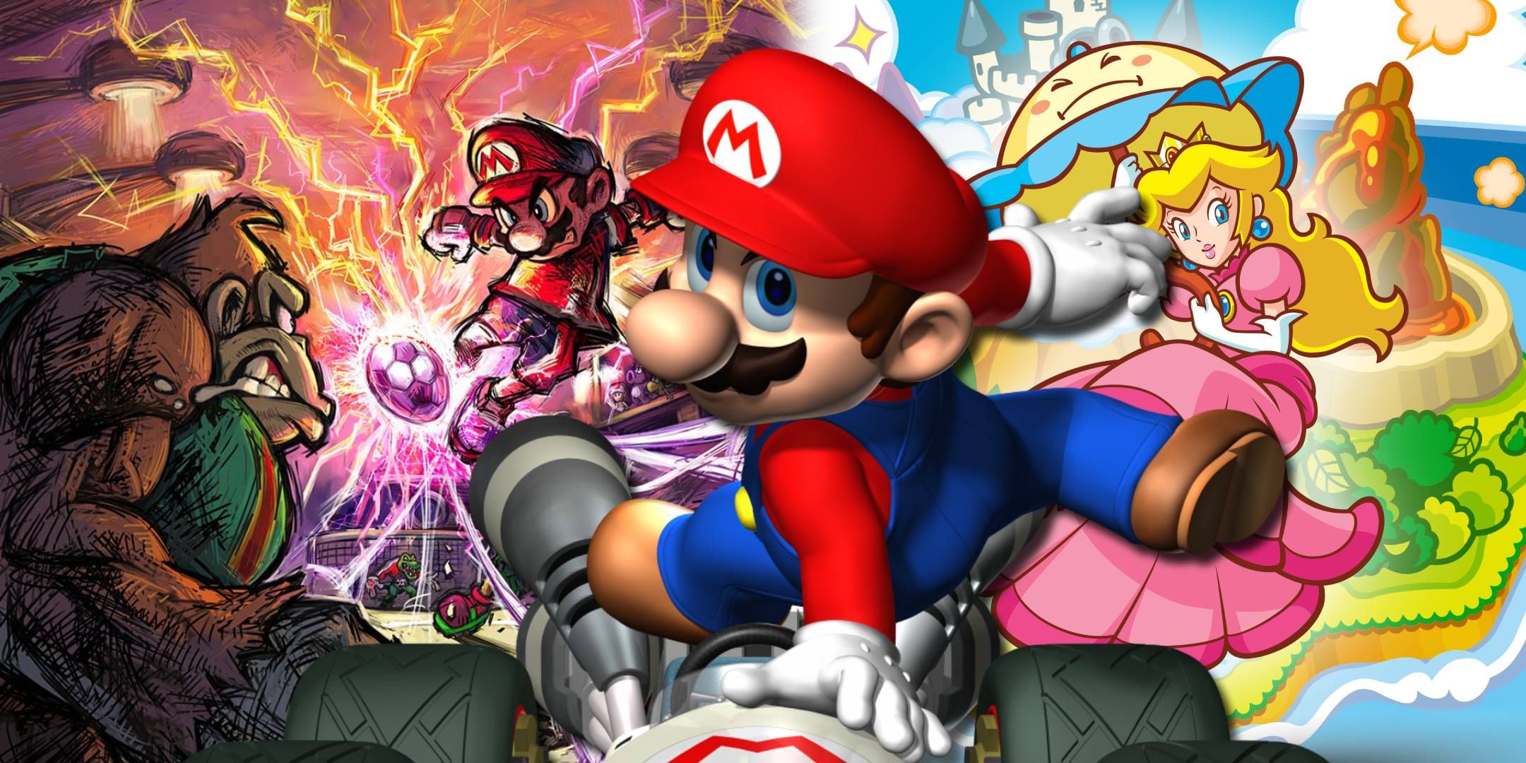 A split image of cover art from Super Mario Strikers and key art from Super Princess Peach with a render of Mario jumping into his kart from Mario Kart DS over top.