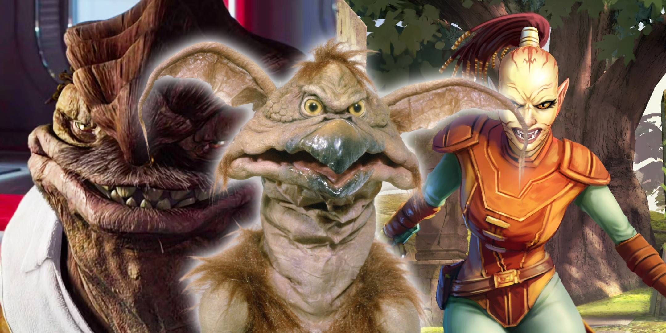 A split image of Dexter Jettster and Juhani with Salacious B Crumb over top from Star Wars.