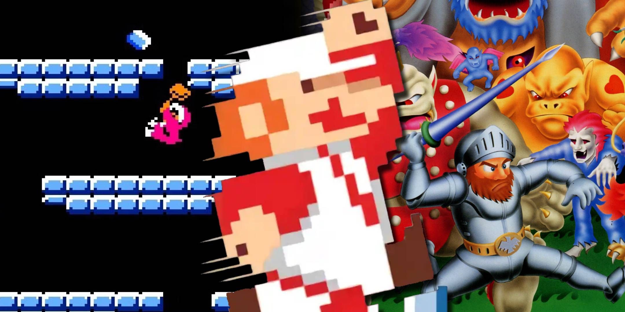 A split image of gameplay from Ice Climber and the cover of Ghosts 'n Goblins with a pixelated Super Mario from Super Mario Bros. over top.