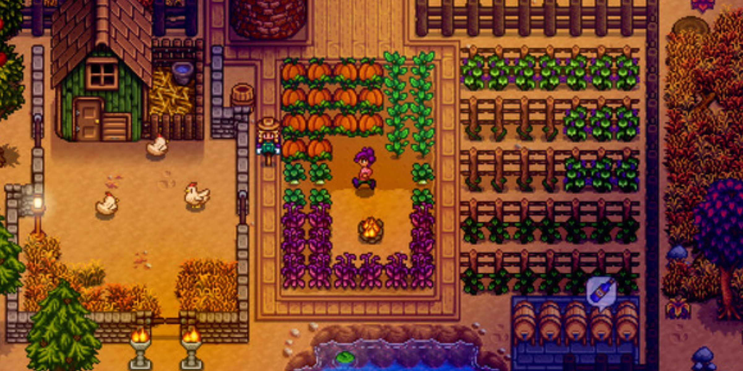 A large plot for farming in Stardew Valley with chickens and various crops at night.