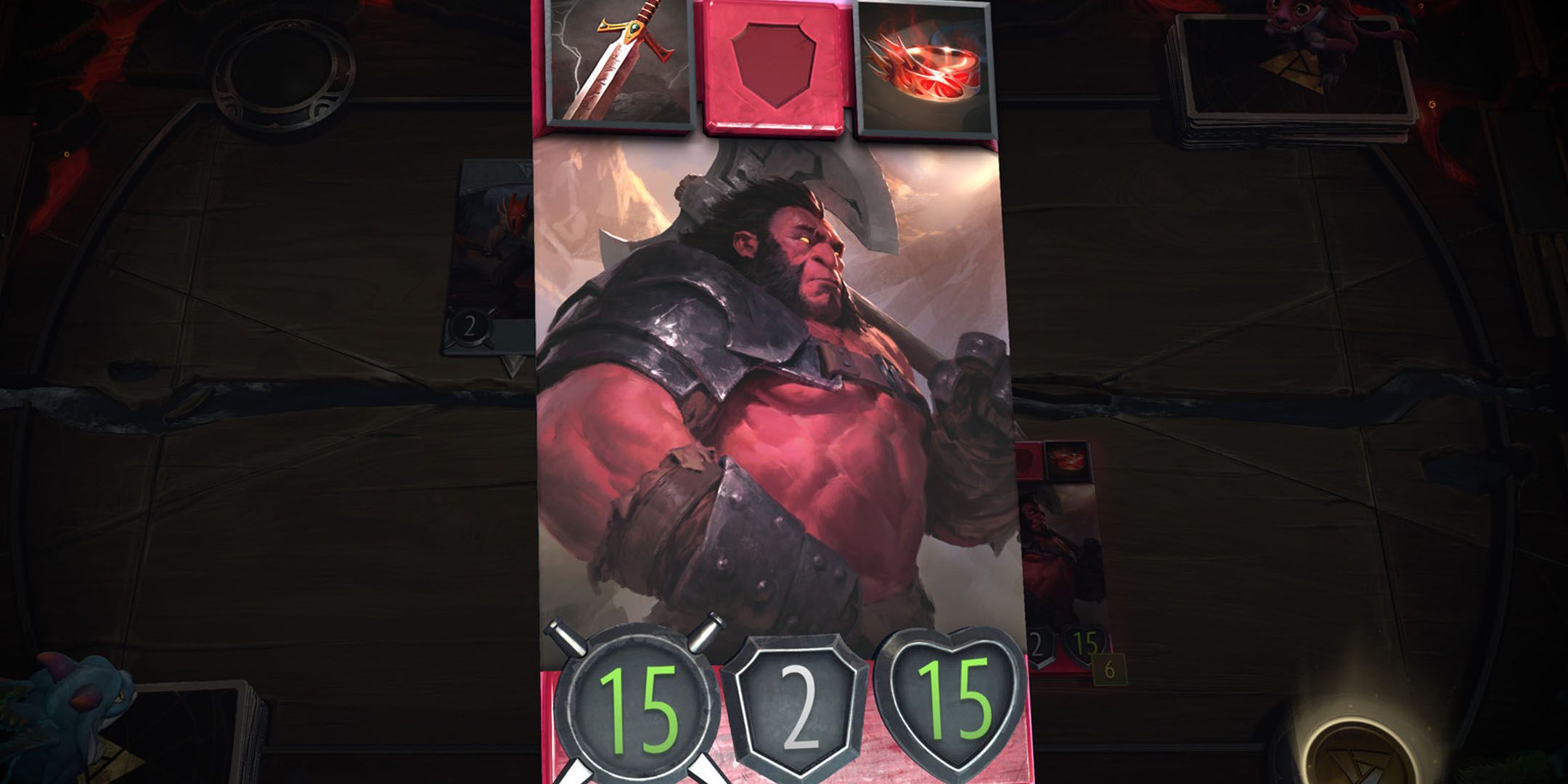 Artifact screenshot of a big buff red man on a card.