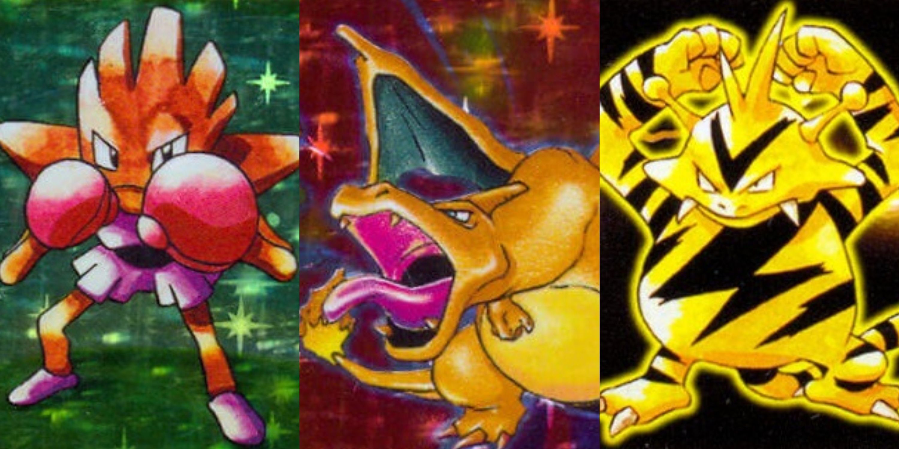 Artwork for Hitmonchan Charizard Electabuzz Base Set Pokemon TCG.
