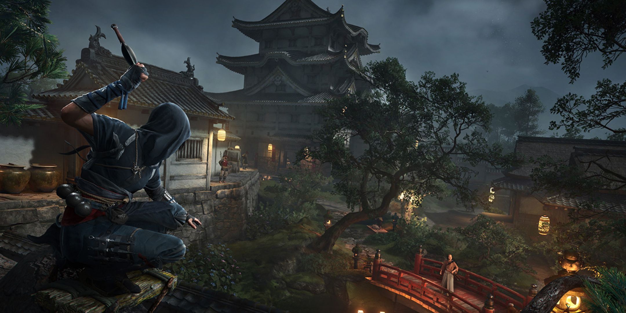 Naoe perched on a rooftop in Assassin's Creed Shadows.