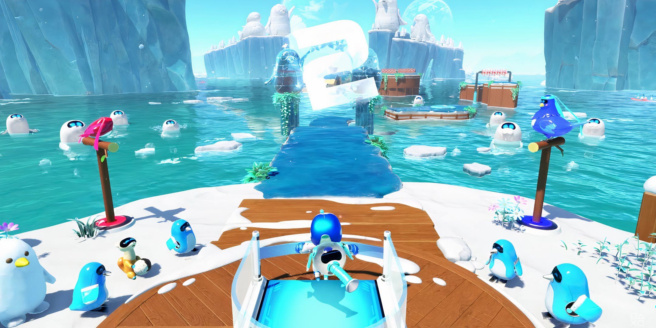 Astro Bot getting ready to run in a speedrunning level.