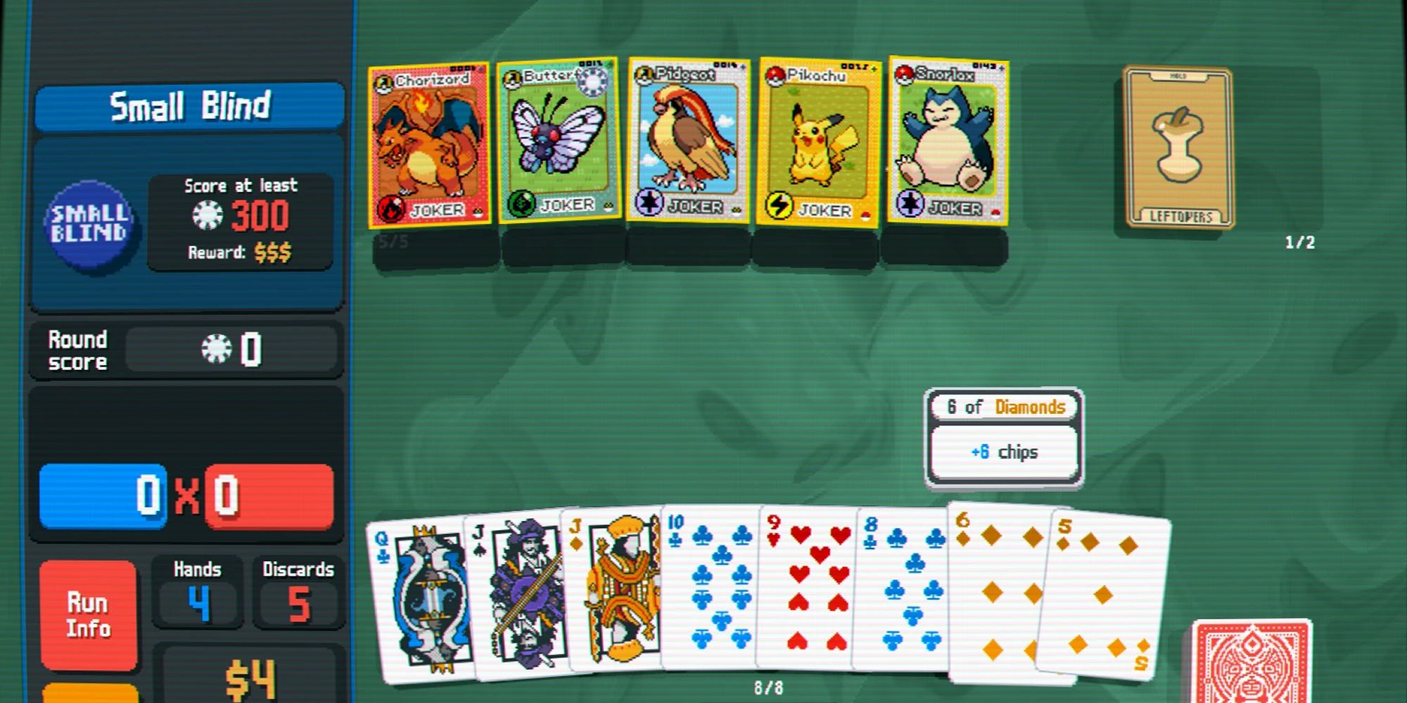 A line of Pokemon cards being played in Balatro.