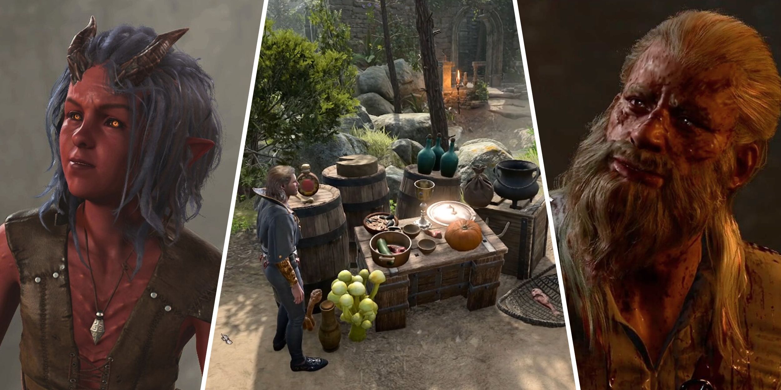 A portrait of Mattis, a kitchen area in camp, and Smythin in Baldur's Gate 3.