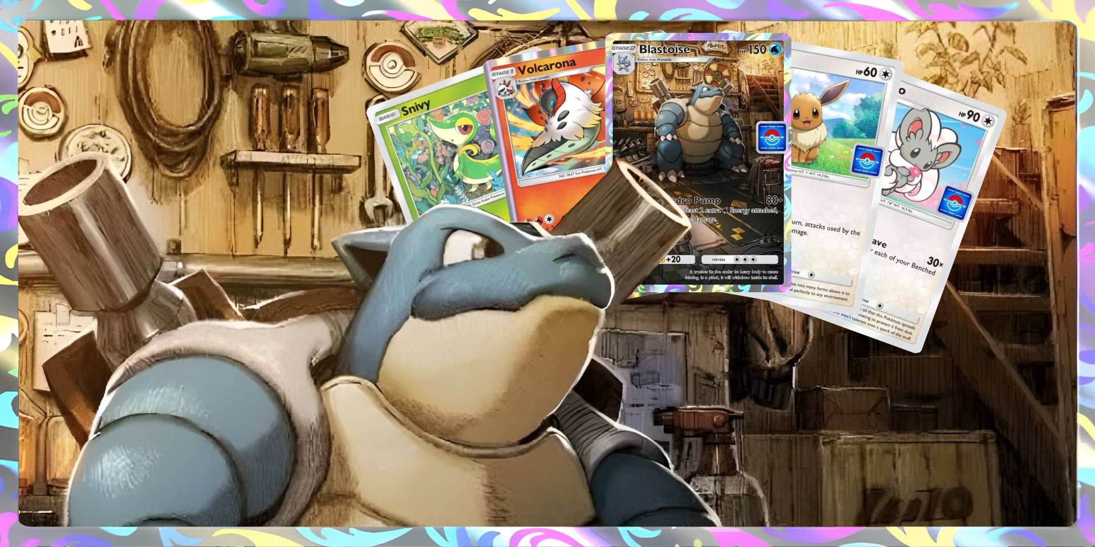 Blastoise in a machine shop superimposed over all five promo cards.