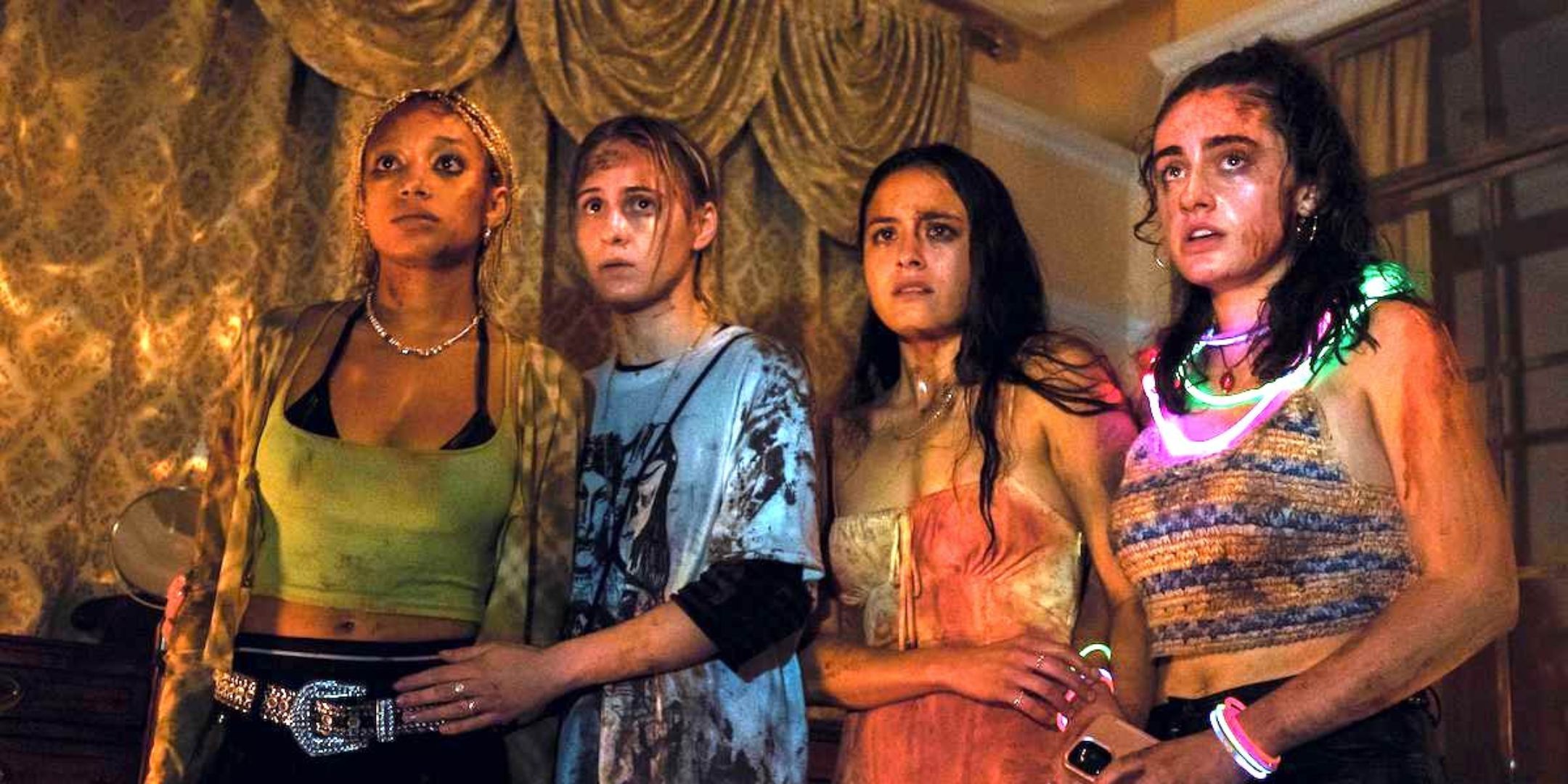 Sophie, Bee, Emma and Alice all gather and look scared. 