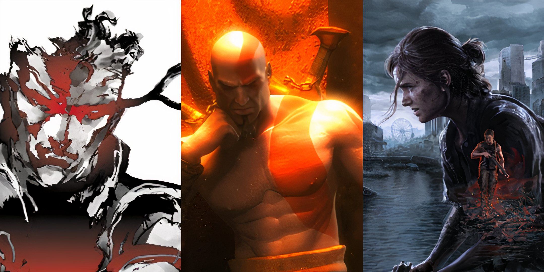 Box art to Metal Gear Solid 1, Kratos at the end of God of War 1, and box art to Last of Us Part 2 Remastered.