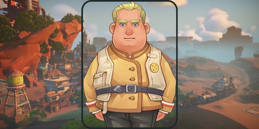 Burgess from My Time At Sandrock is shown. He is a plump, blonde man in an official vest.