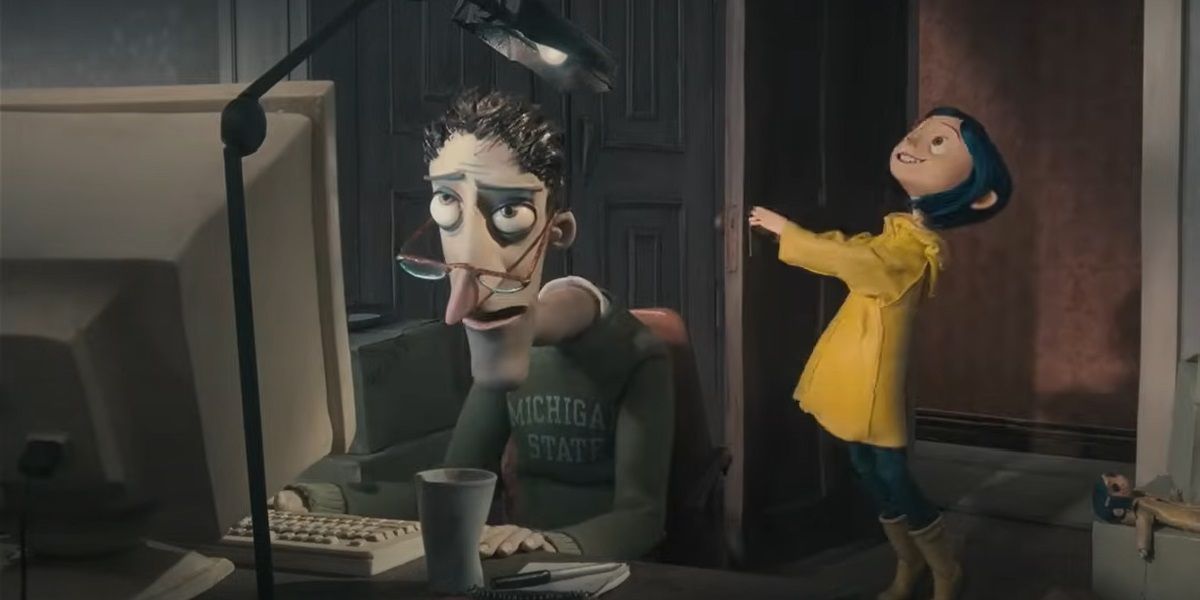 Coraline's father works at a computer while she hangs by the door in Coraline.