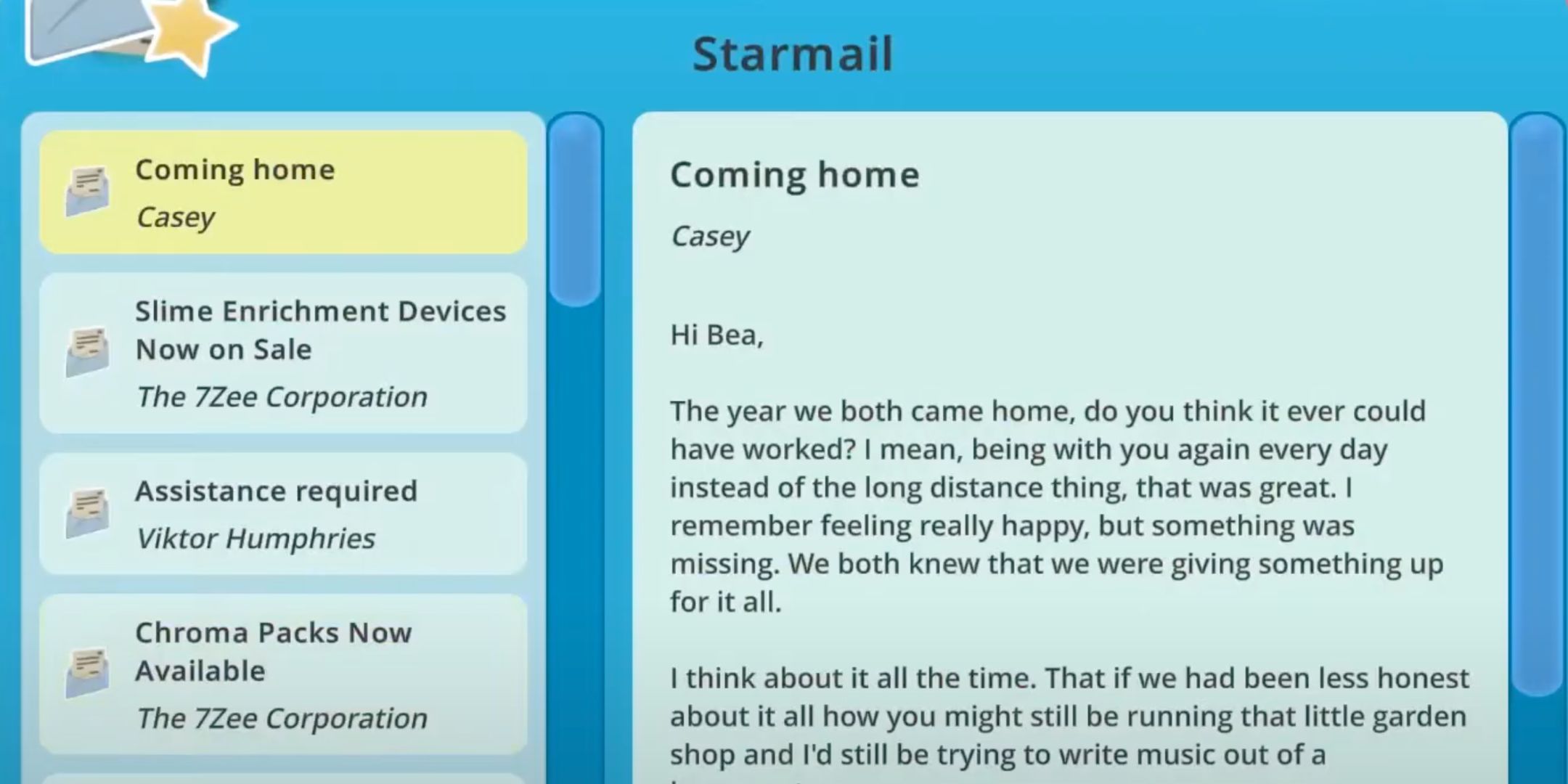 Casey&rsquo;s Coming home email in Slime Rancher.