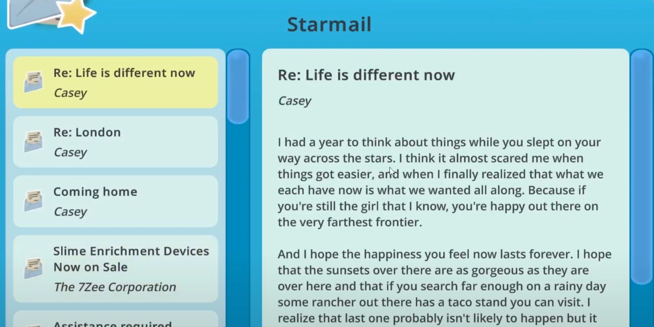 Casey&rsquo;s second last email in Slime Rancher.