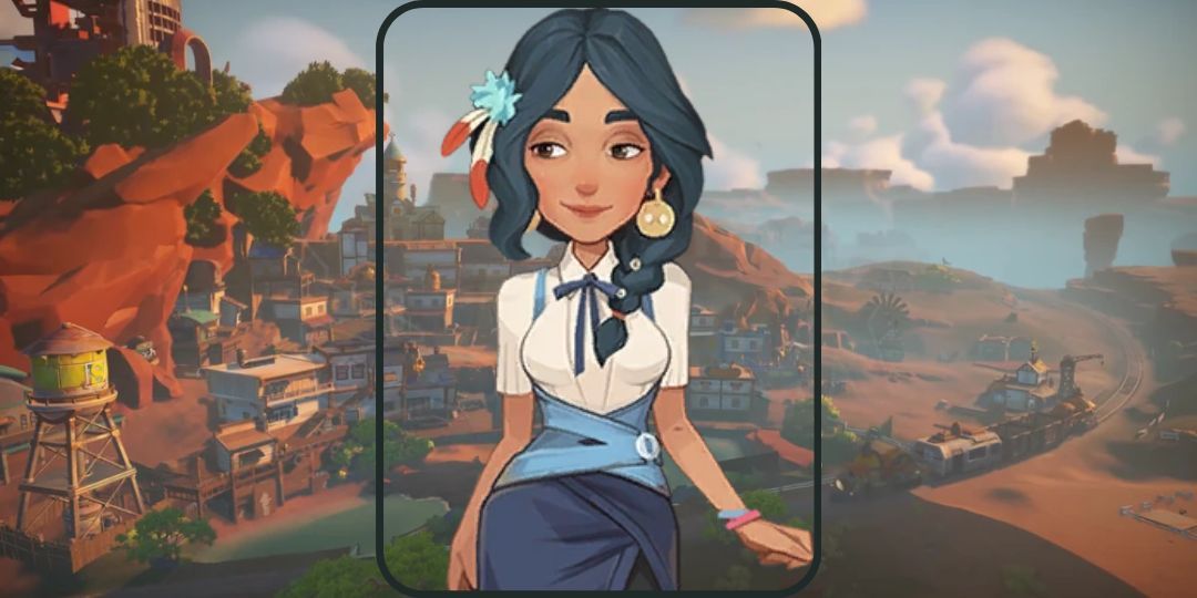 Catori from My Time At Sandrock is shown. She is a young lady with large gold earrings, dark hair, and a blue outfit.